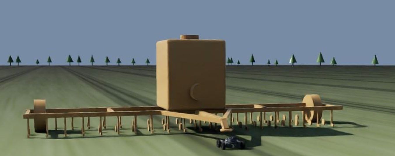 A render of a small rover towing a very wide seeding implement with a tall seed bin across a flat paddock, with a row of trees on the horizon.